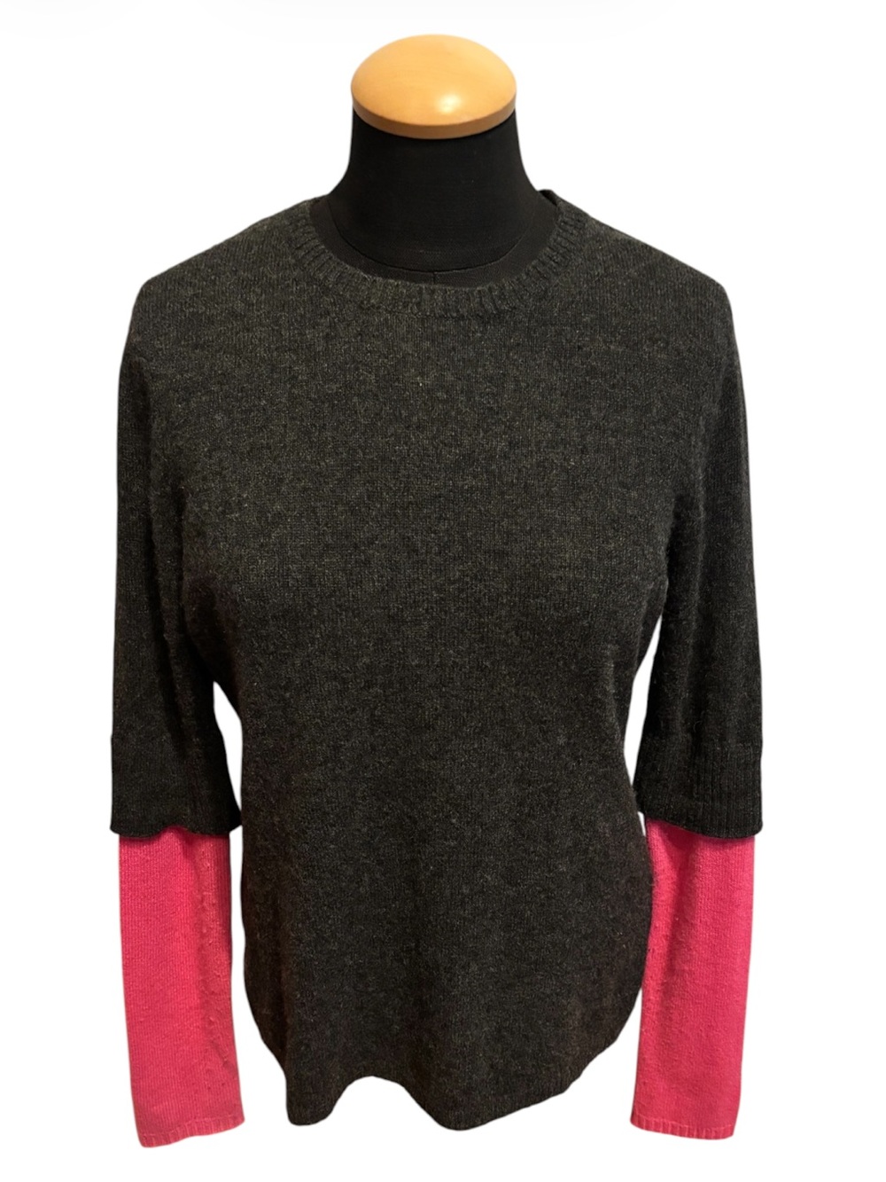 Cashmere Cullen Crewneck Layered Sleeve Sweater Gray/Pink Preppy Minimalist S